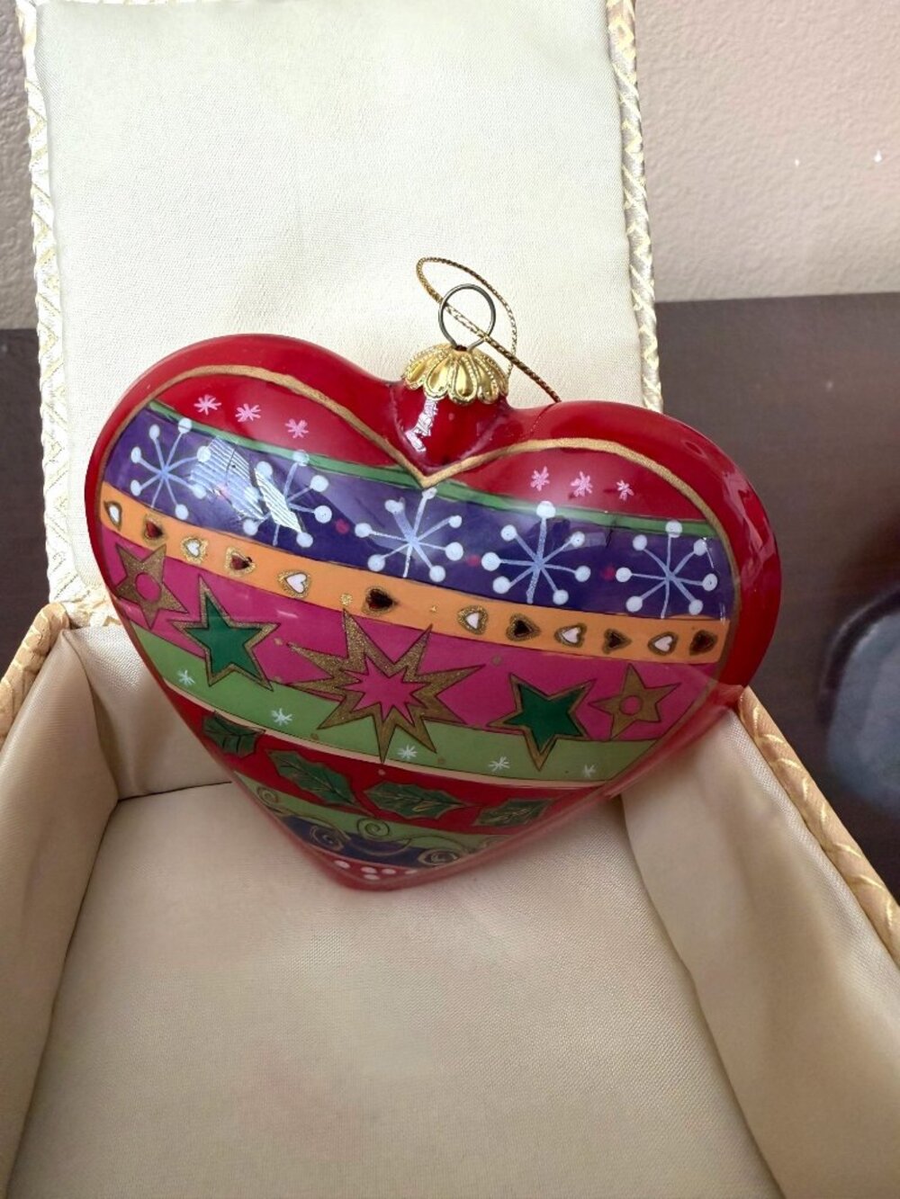 Pier 1 Li Bien Heart Painted Glass Christmas Ornament w/Box Vintage